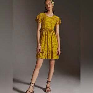 Anthropologie Mustard Yellow Ruffle Short-Sleeve Dress